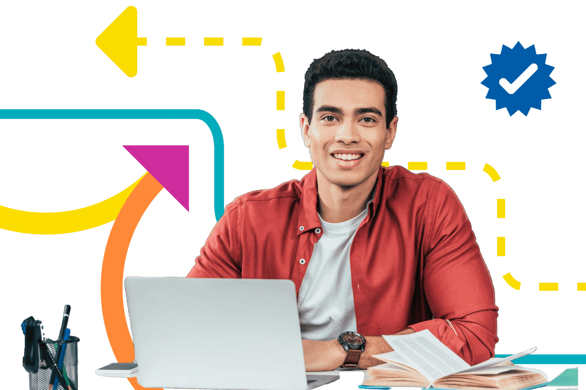 A future NM teacher sits at his laptop researching teaching programs. Around him are illustrations of arrows in different directions and a blue circle with a checkmark inside.